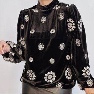 Zara Embroidered Ballon Sleeve Velvet Turtleneck Blouse